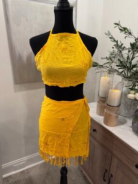Yellow Embroidered Halter Crop Top & Wrap Coverup Set